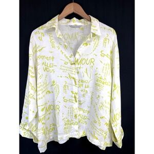Courtney Washington Linen Shirt XL French Script Lime Green Top Lagenlook USA